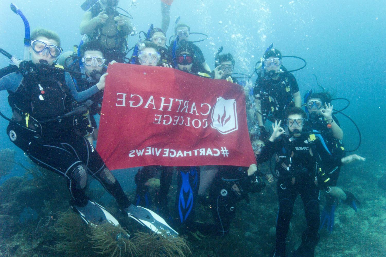 学生们手持<a href='http://ulpb6a2.extenderplugin.com'>博彩网址大全</a>旗帜，在j学期洪都拉斯游学之旅中潜水.